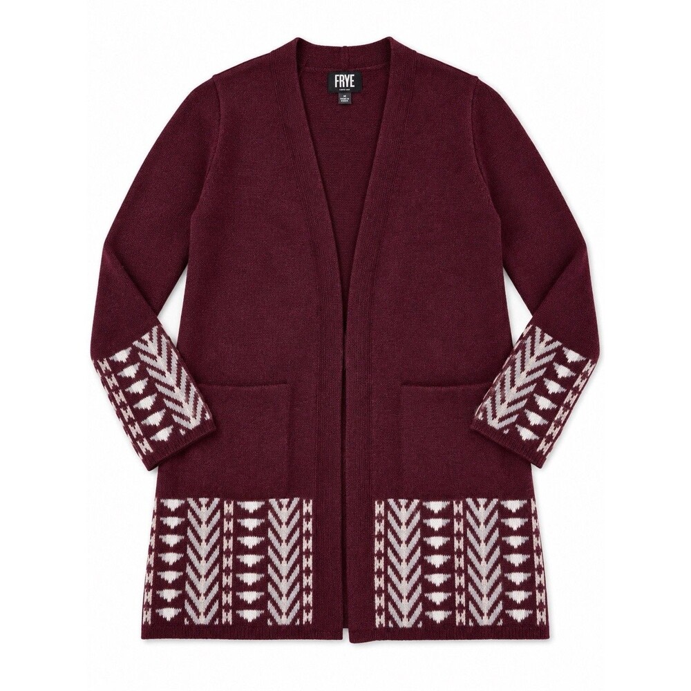 FRYE The Cozy Cardigan Oxblood Burgundy Geometric Jacquard Long Cardigan M